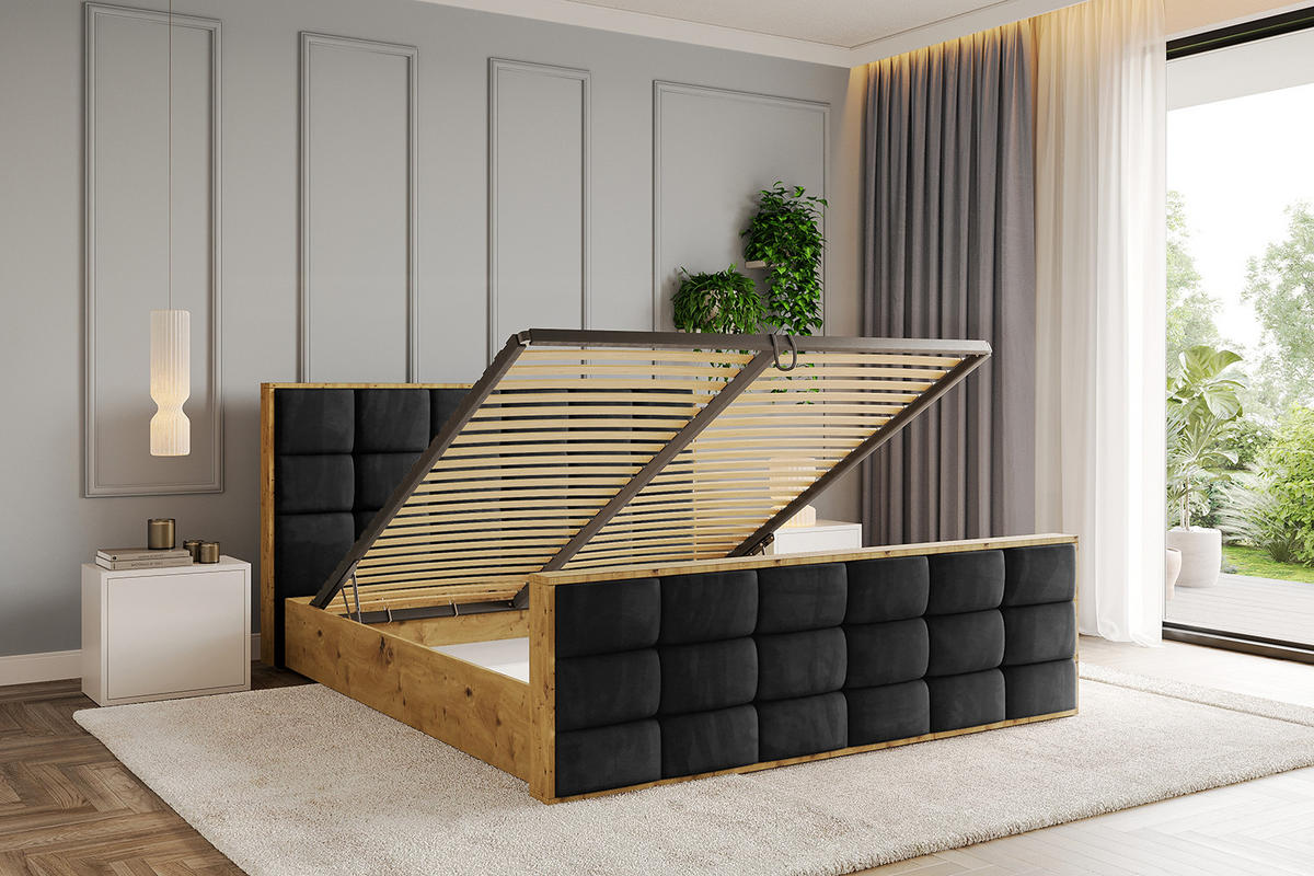 POLSTERBETT mit Bettkasten, Fußteil und Lattenrost, Boxbett mit Matratze H3/H4 - ENZO2-Z 180x200 Schwarz - Schwarz, Holzwerkstoff/Textil (180/200cm) - ALTDECOR