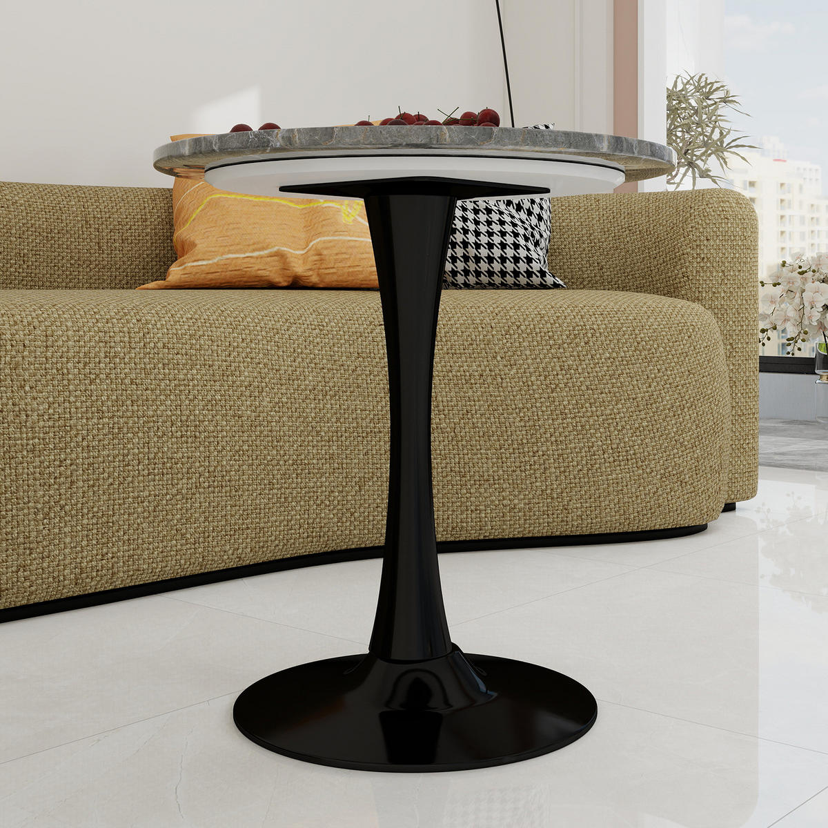 COUCHTISCH 70,1 cm als Beistell- und Zusatztisch mit runder Tischplatte in Marmoroptik, Schwarz/Grau - Grau, Stein (70/70/72cm) - Modfu