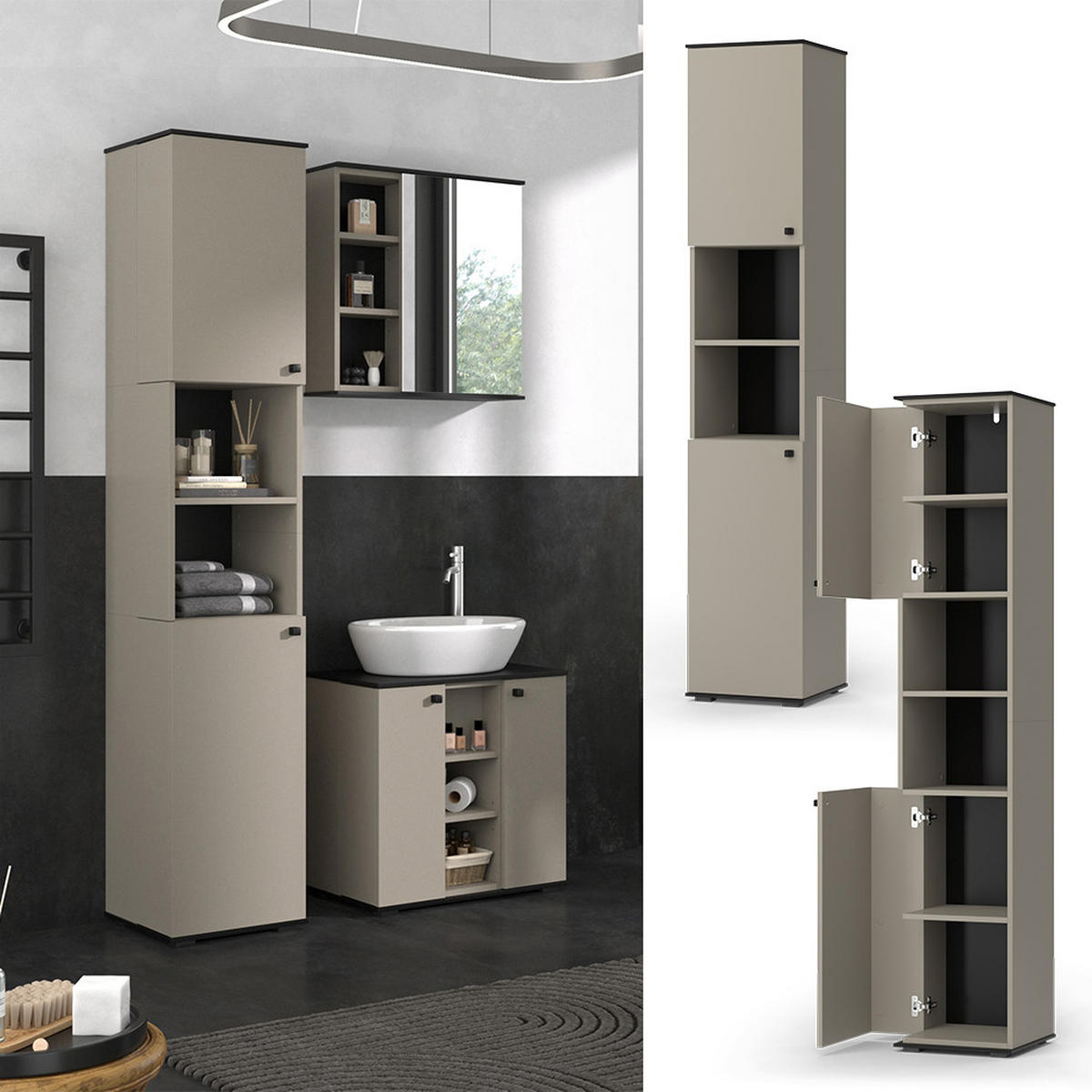 BADSCHRANK Joli Greige 37 x 192 cm mit 2 Türen - Greige, Holzwerkstoff (37/192/34cm) - Vicco