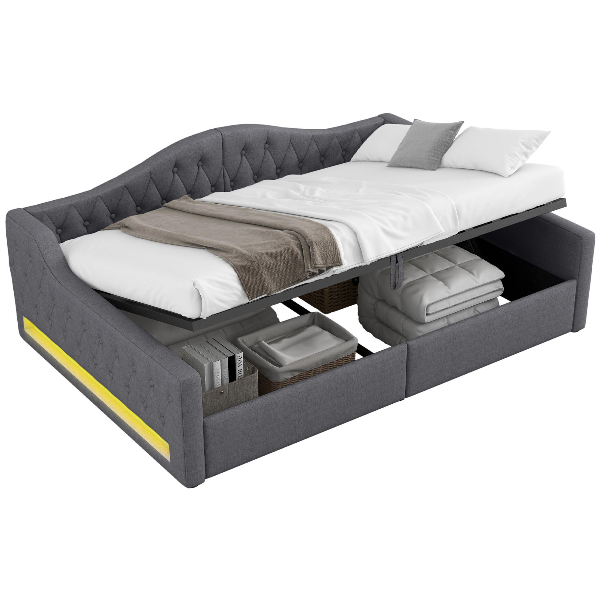 POLSTERBETT 140/200 cm mit LED-Beleuchtung und Bettkasten in Grau - Grau, Holzwerkstoff (140/200cm) - BEAOK