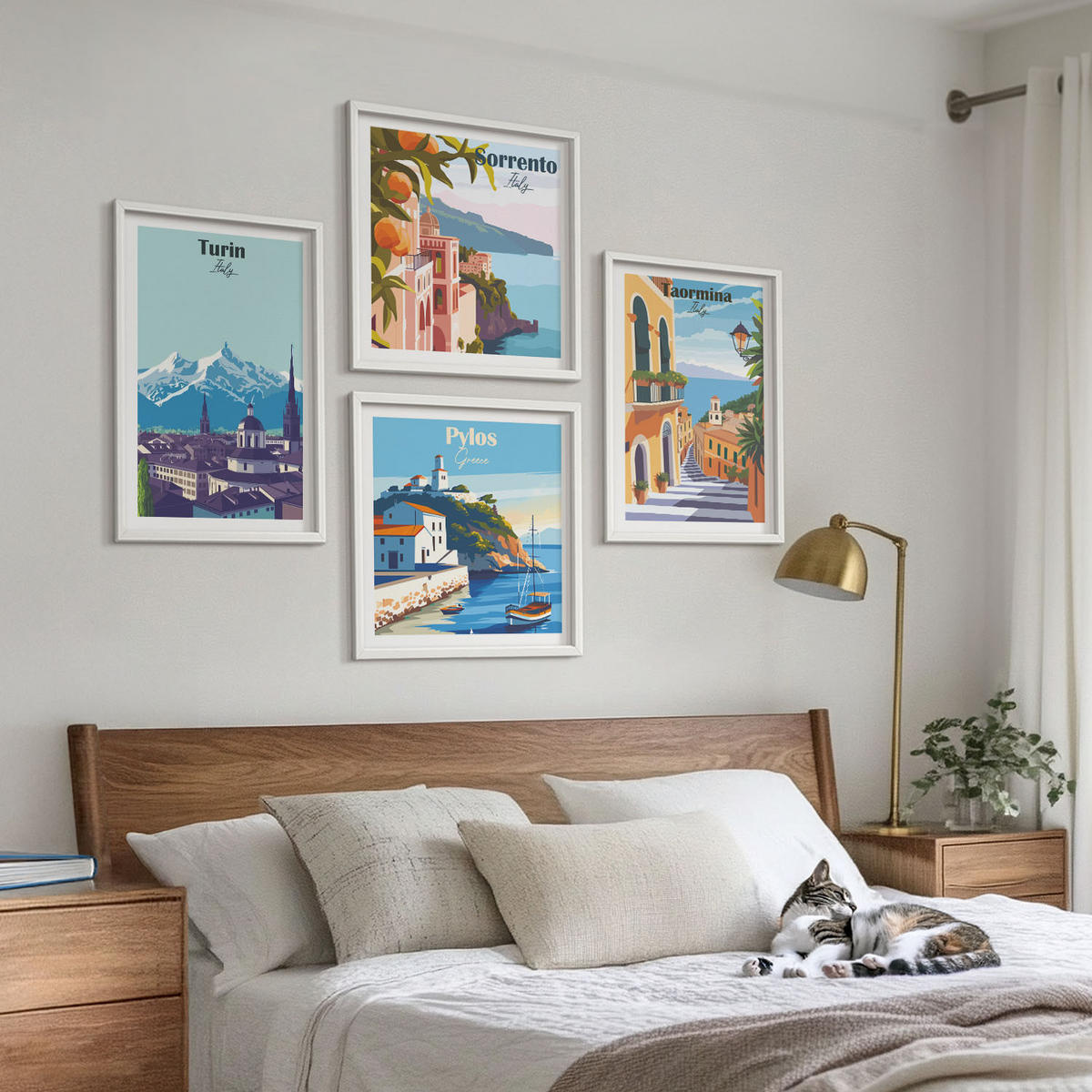 BILDER SET 4er Set - 50x50 cm & 40x60 cm Weißer Rahmen - Farbenfrohe Illustrationen von Retro-Städten - Weiß, Kunststoff (50/50cm) - TULUP