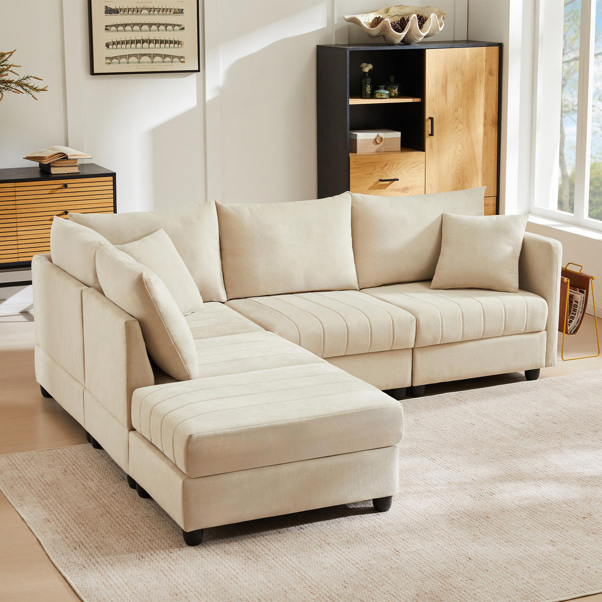 WOHNLANDSCHAFT aus Baumwolle und Leinen 220x194x85 cm mit flexiblem Hocker, beige - Beige, Textil (194/85/220cm) - Luhomfu