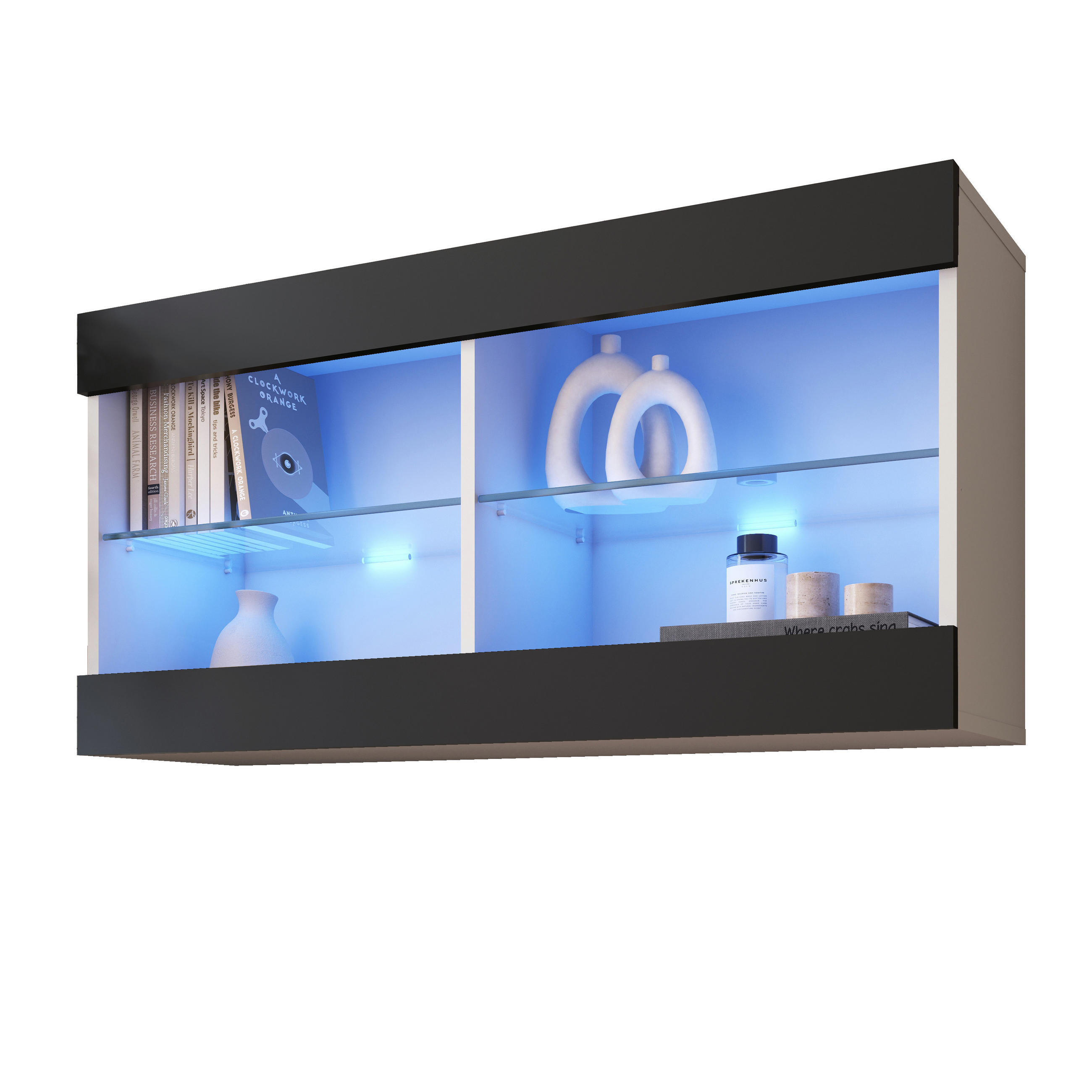 HÄNGEVITRINE TIVOLI HORIZONTAL 100, Schwarz, LED Blau - Schwarz/Weiß, Glas/Holzwerkstoff (100/50/29.5cm) - Komodee