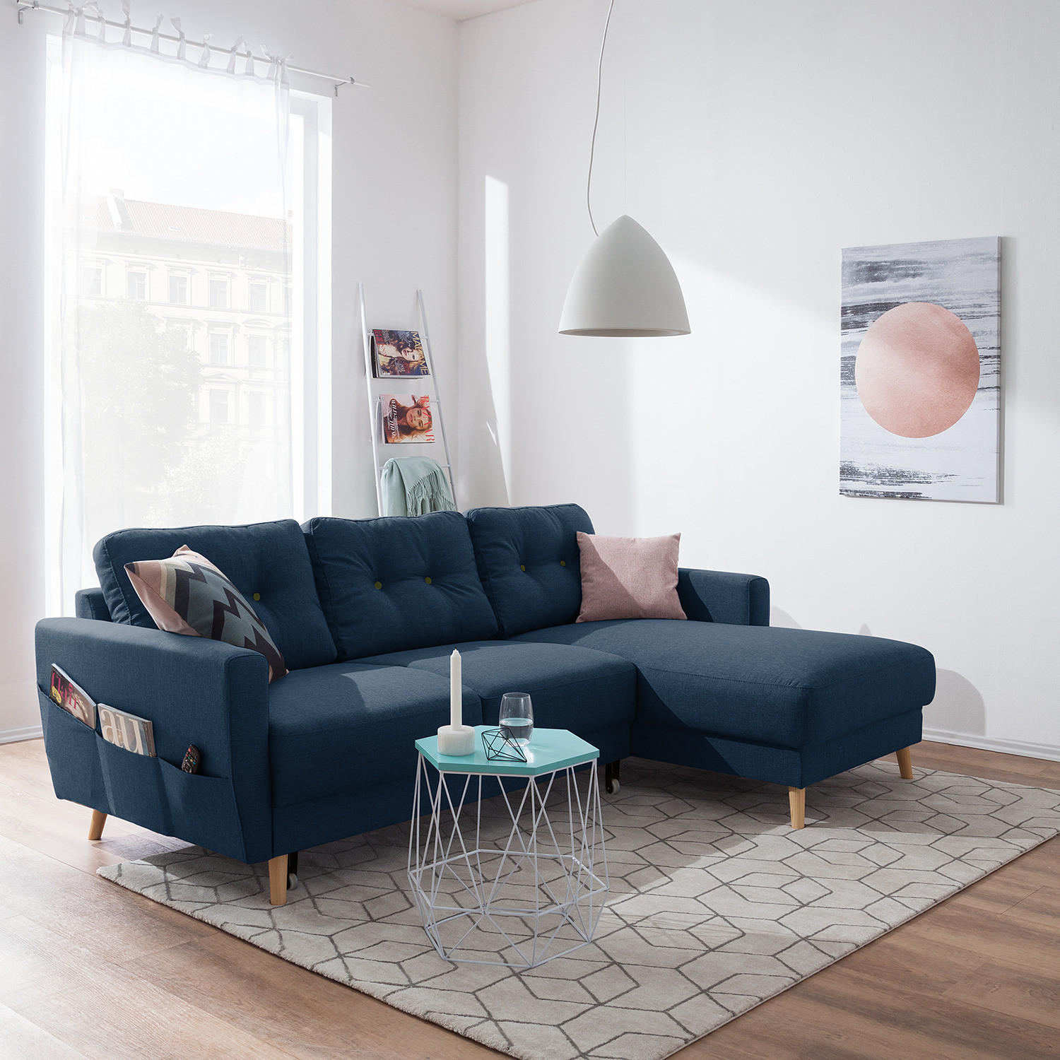 ECKSOFA mit Longchair - Hellbraun/Blau, Textil (233/148cm) - home24