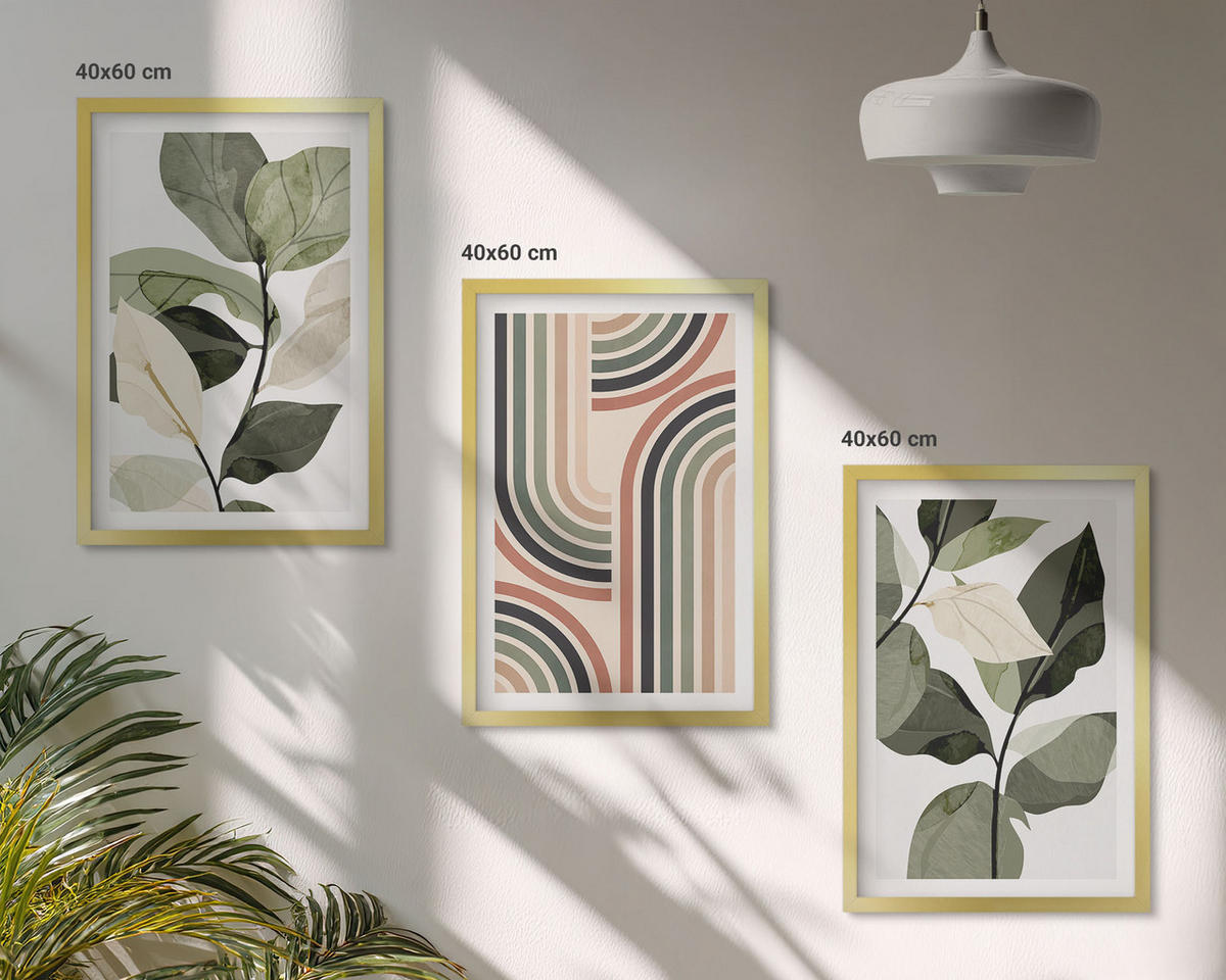 BILDER SET 3er Set - 40x60 cm Goldrahmen - Geometrische Pflanzenmotive - Goldfarben, Kunststoff (40/60cm) - TULUP