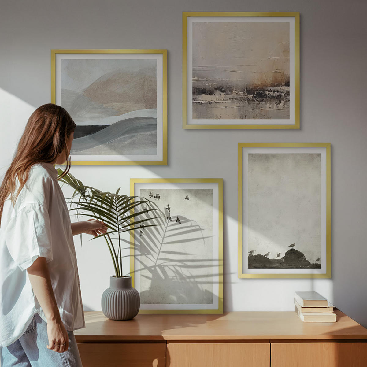 WANDBILDER 4er Set - 50x50 cm & 40x60 cm Goldrahmen - Vögel, Steine, Pinselstriche, Verzierungen - Goldfarben, Kunststoff (50/50cm) - ArtPrintCave