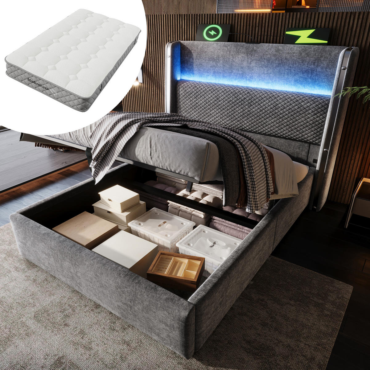 POLSTERBETT 90/200 cm in Grau Leinen mit Bettkasten, LED und USB/Type-C - Grau, Holzwerkstoff/Textil (90/200cm) - WISHDOR