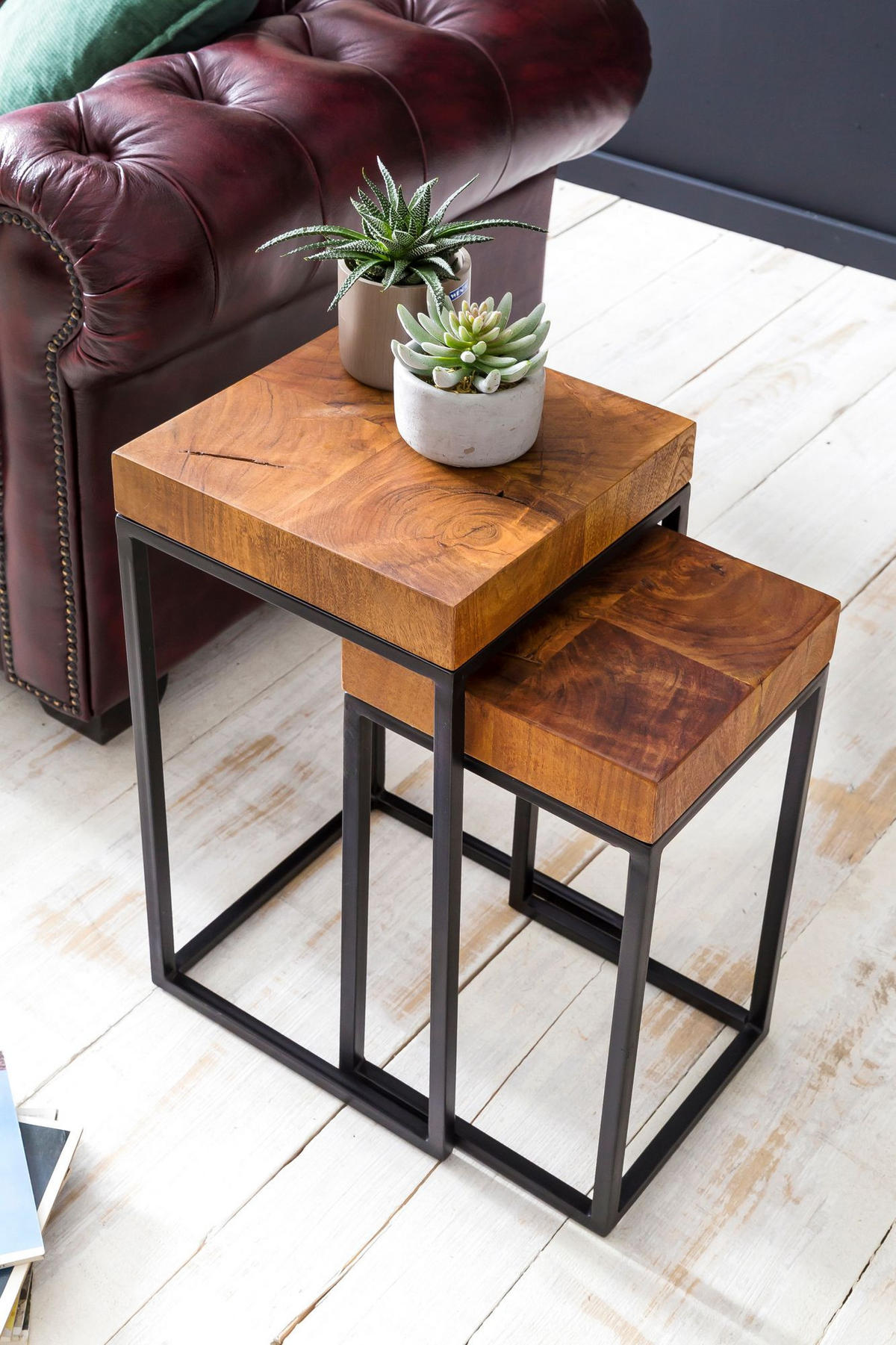 BEISTELLTISCH Set – 2-teilig Massivholz Metall handgefertigt Industrial - Schwarz/Braun, Holz/Metall (30/30/60cm) - KADIMA DESIGN