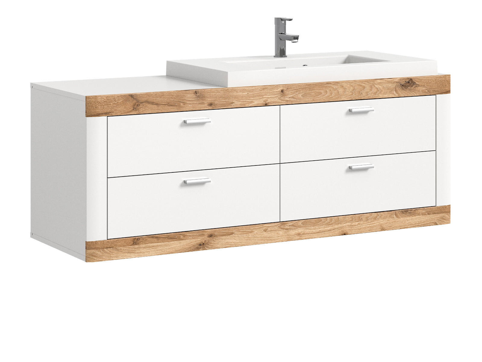 WASCHTISCHKOMBI weiß und Eiche, Waschtisch hängend mit Waschbecken, Breite 166 cm, Soft-Close - Eichefarben/Silberfarben, Holzwerkstoff/Kunststoff (132/50/48cm) - Inn.Furn