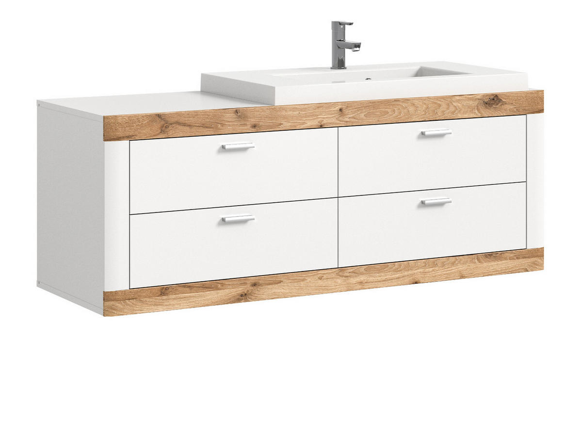 WASCHTISCHKOMBI weiß und Eiche, Waschtisch hängend mit Waschbecken, Breite 166 cm, Soft-Close - Eichefarben/Silberfarben, Holzwerkstoff/Kunststoff (132/50/48cm) - Inn.Furn