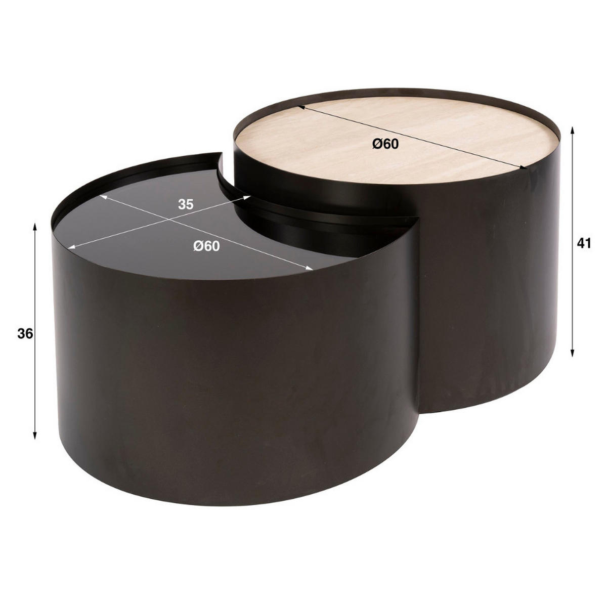 COUCHTISCH-SET VITTORIO MEZZALUNA Halbmond-Satztische - Beige/Schwarz, Glas/Keramik (61/61/41cm) - alesvelt