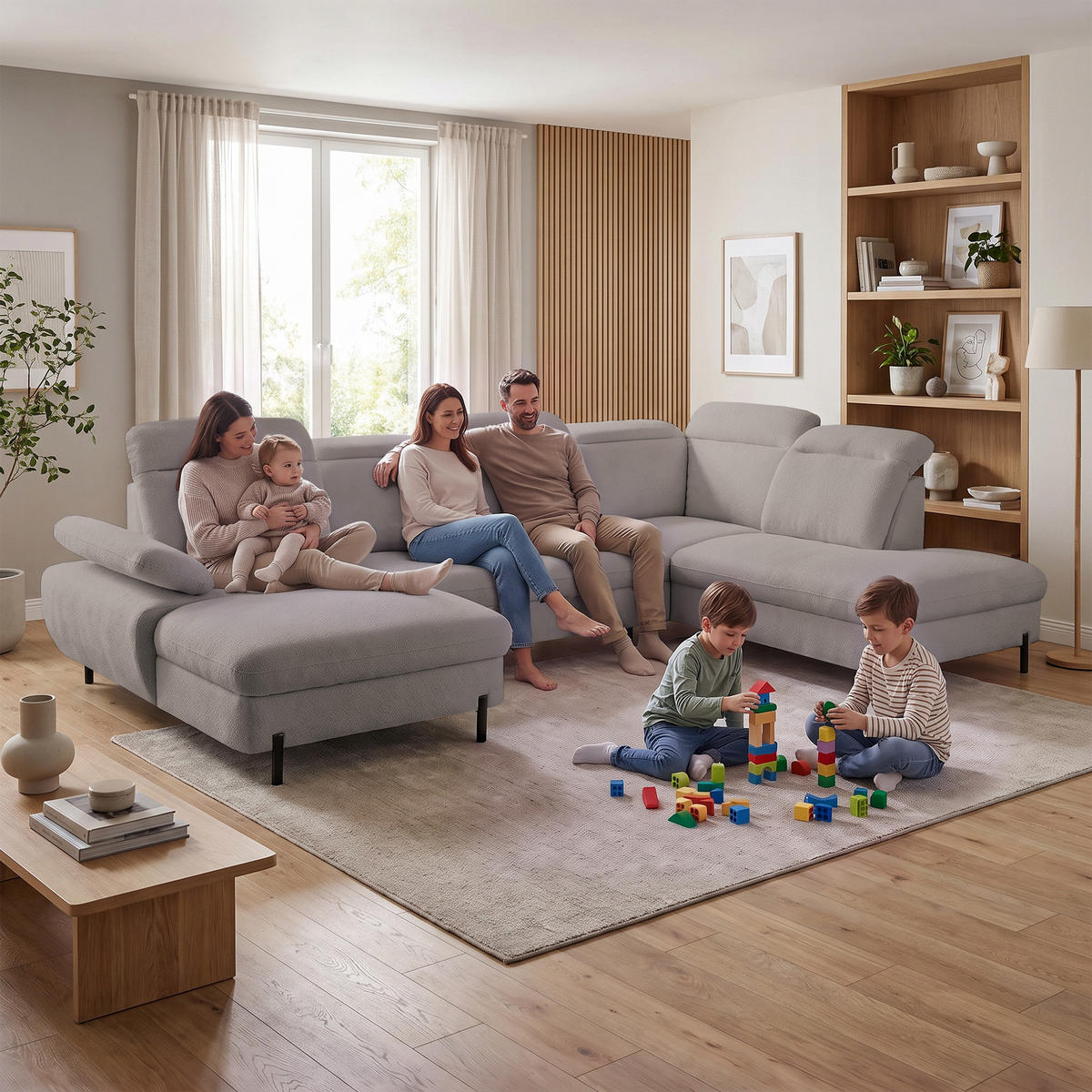 WOHNLANDSCHAFT Sora U mit Schlaffunktion und verstellbarer Sitztiefe, Kopfstützen und Armlehne, 365 cm, Hellbraun, Links - Hellbraun/Schwarz, Textil (365/107/235cm) - Beautysofa