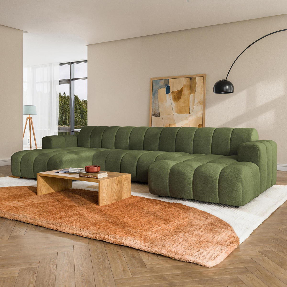 WOHNLANDSCHAFT AENIS Olivgrün Strukturstoff - Olivgrün, Holz (398/85/165cm) - MASSENO