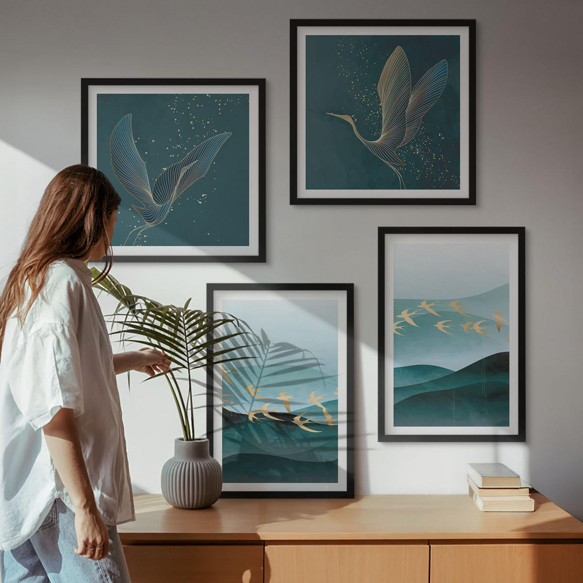BILDER SET 4er Set - 50x50 cm & 40x60 cm Schwarzer Rahmen - Abstrakte Landschaften von Vogelwellen - Schwarz, Kunststoff (50/50cm) - TULUP
