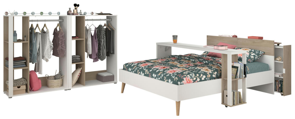 JUGENDZIMMER weiß, Eiche, Komplett-Set 5-teilig mit vielen Fächern - Eichefarben/Weiß, Holzwerkstoff (95/123/206cm) - Parisot Meuble