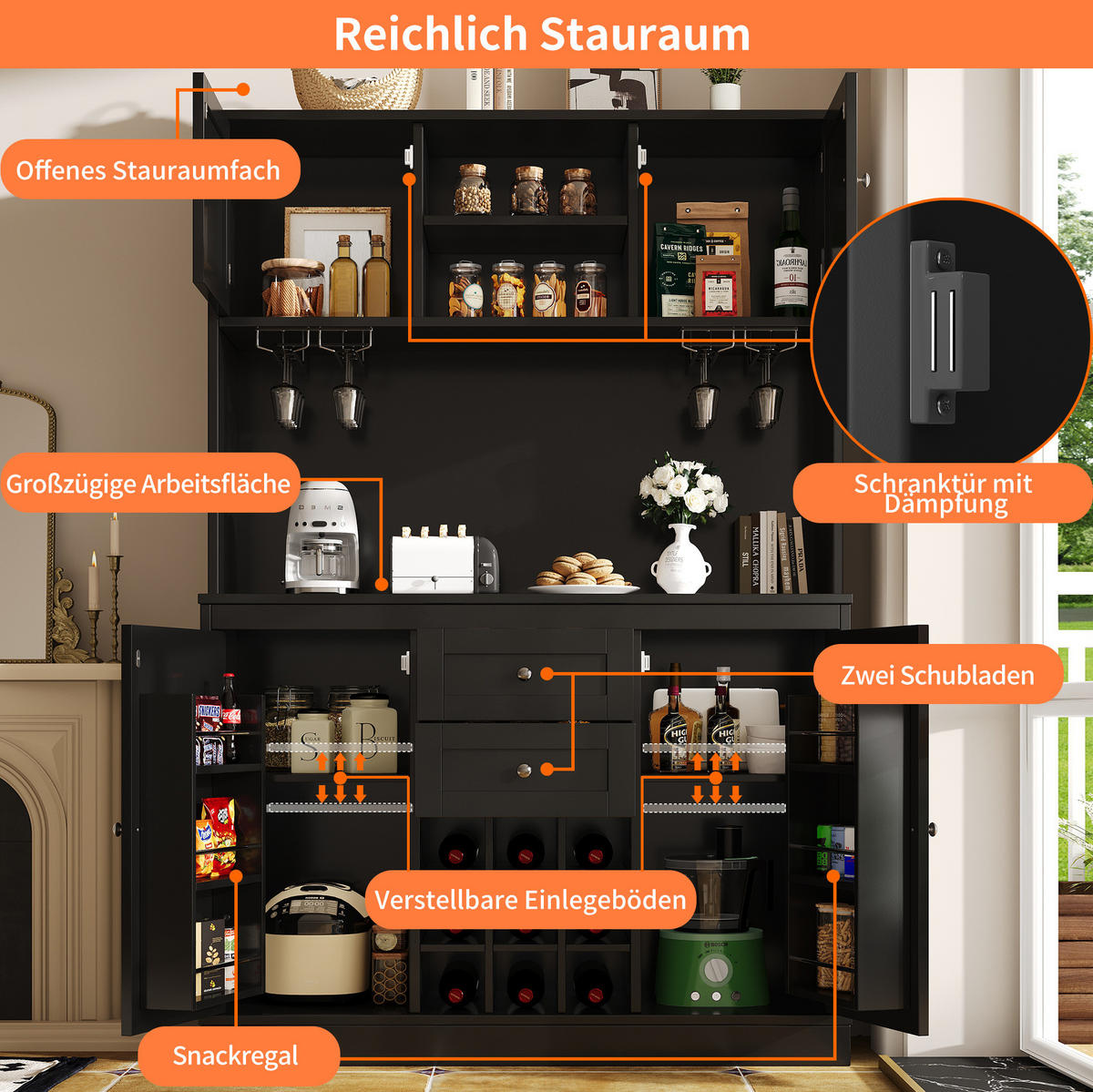 BUFFET 120/40/188 cm aus MDF mit Weinregal und verstellbaren Einlegeböden Schwarz - Schwarz, Holzwerkstoff (120/188/40cm) - Modenvie