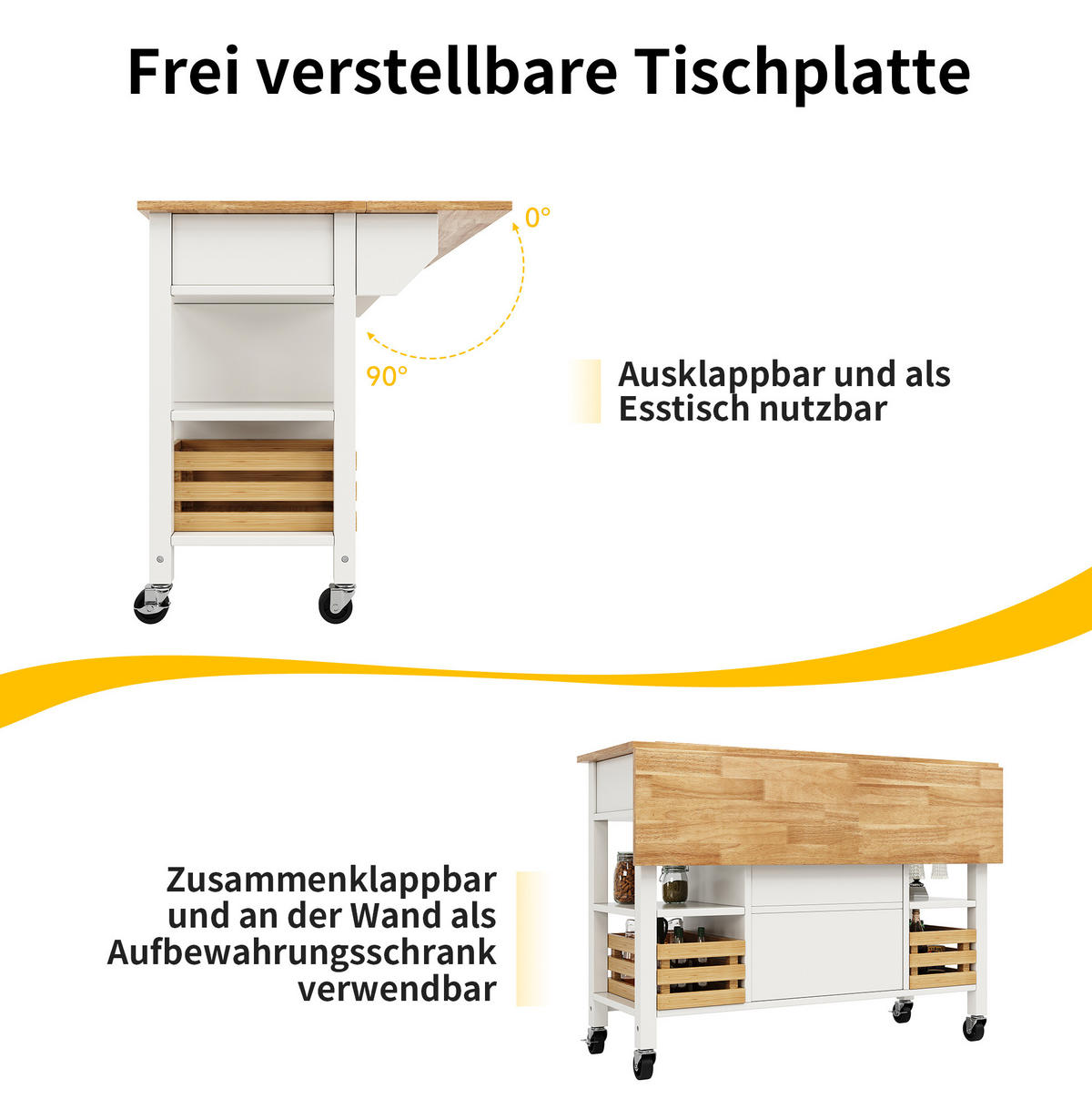 KÜCHENINSEL 120/45/90 cm aus MDF mit klappbarer Tischplatte Weiß/Natur - Weiß, Holzwerkstoff (120/90/45cm) - Modenvie