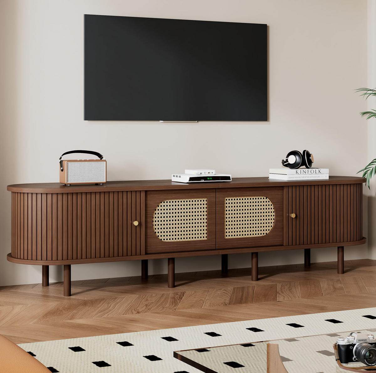 TV stolek 180/40/40 cm se 2 dvířky, 2 roletovými dvířky a MDF korpusem, Tmavý dub - barva vlašského ořechu/hnědá, kompozitní dřevo (180/40/40cm) - Redom