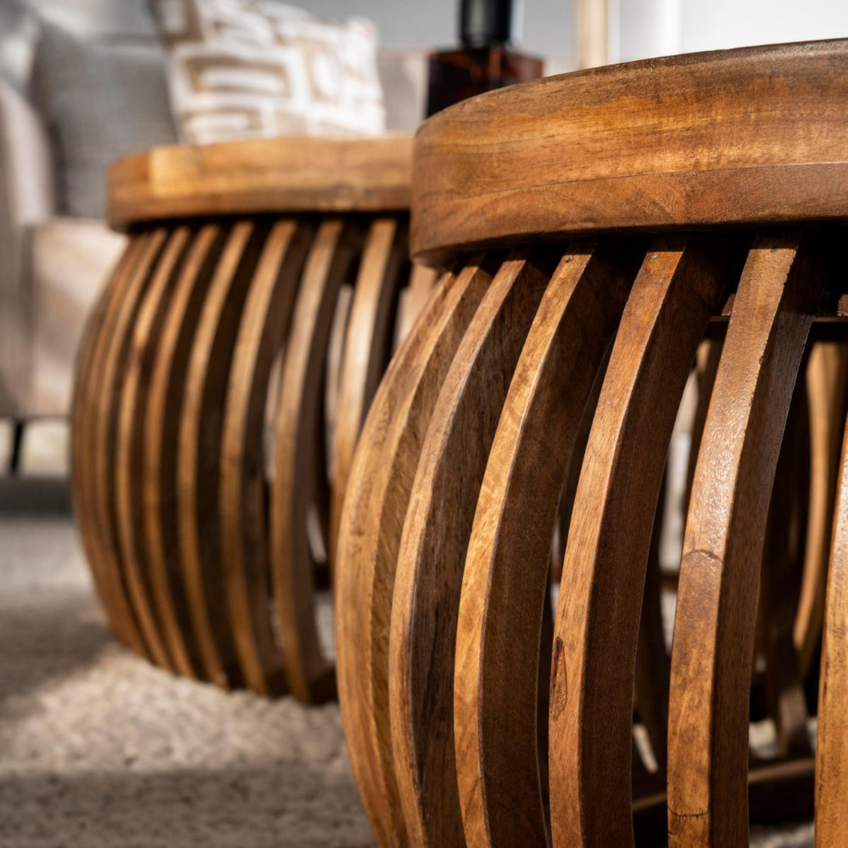 COUCHTISCH-SET DARIO GLOBE Satztische in edler Lamellen-Optik - Sandfarben, Holz (78/78/40cm) - alesvelt