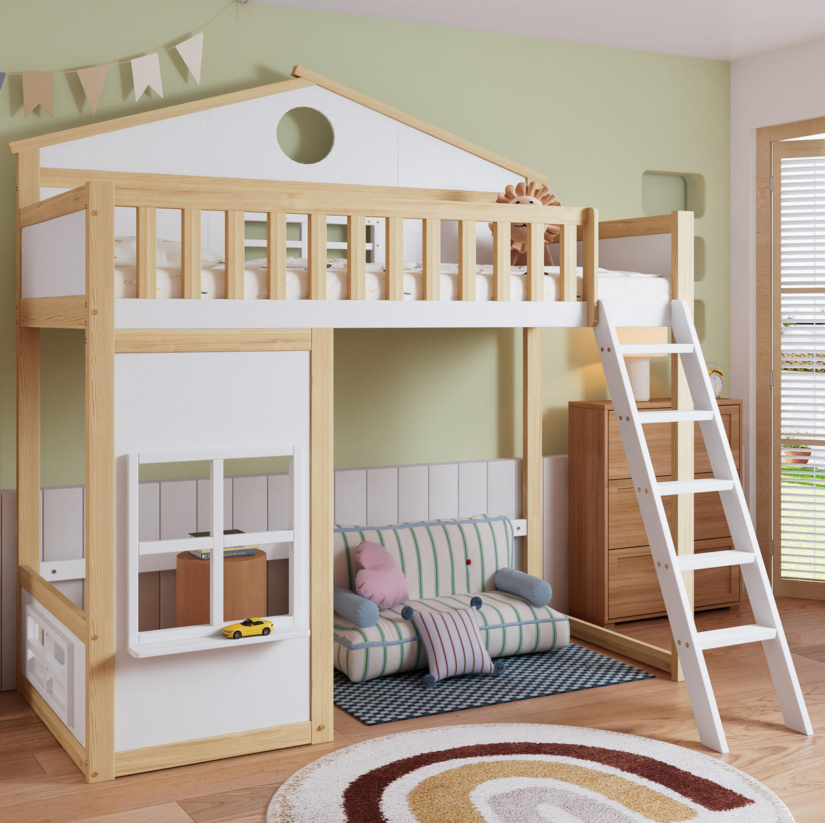 ETAGENBETT 90/200 cm Weiß Natur mit Treppe, Dach und Fenstern - Weiß, Holz (90/200cm) - MIVRAY