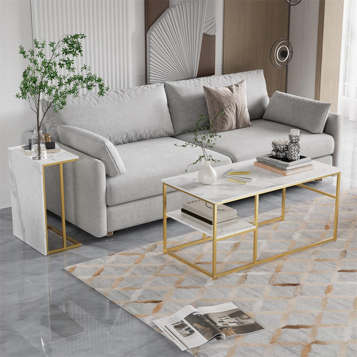 COUCHTISCH - Rechteckiger Couchtisch in Marmoroptik mit Metallgestell - Weiß und Gold - Goldfarben, Holzwerkstoff (52/105/48.5cm) - DELFA