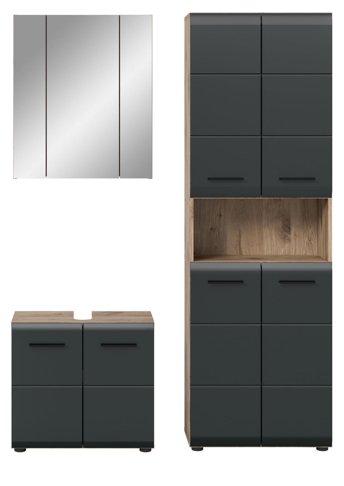 BADMÖBEL-SET 3-teilig schwarz matt, Nox Eiche inklusive Hochschrank 4-türig, 135 x 185 cm - Eichefarben/Schwarz, Glas/Holzwerkstoff (135/185/30cm) - Inn.Furn