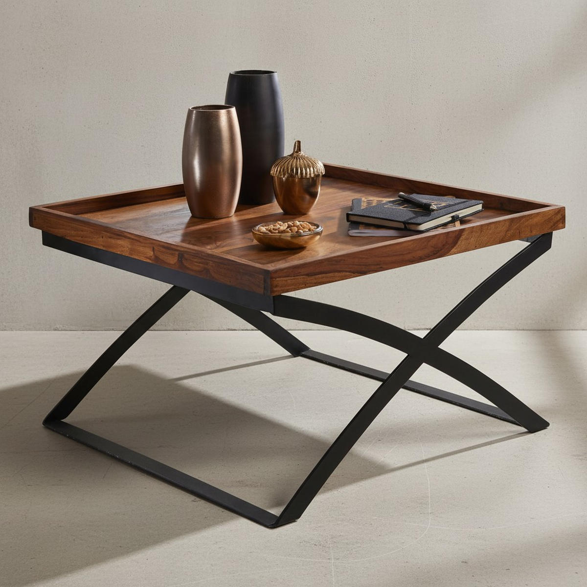 COUCHTISCH Quadratisch, Sheesham Holz und Eisen, Industrial-Stil, Maße 63x39x63 cm - Schwarz/Braun, Holz/Metall (63/63/39cm) - KADIMA DESIGN