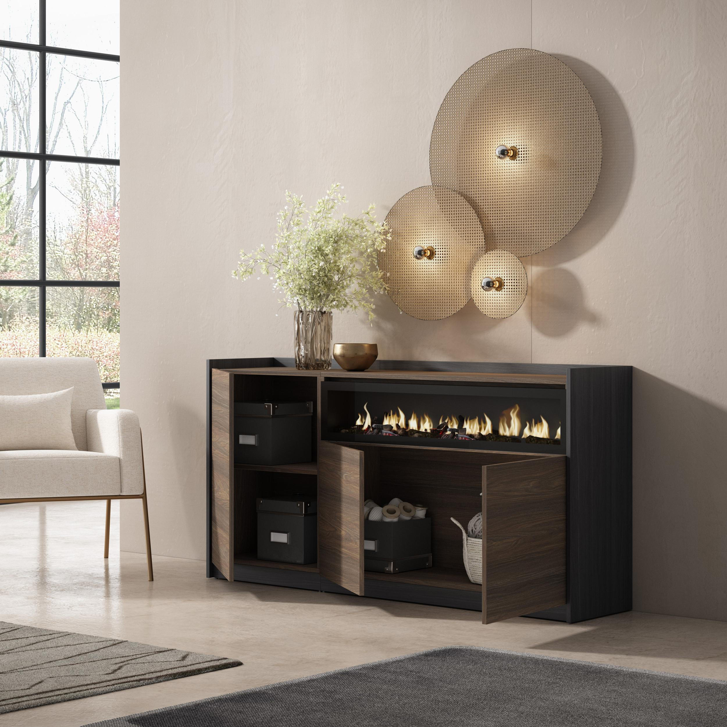 SIDEBOARD, Dunkler Eiche und Schwarz, Elektrokamin, 156/37/80cm - Dunkelbraun, Holzwerkstoff (156/80/37cm) - Skraut Home