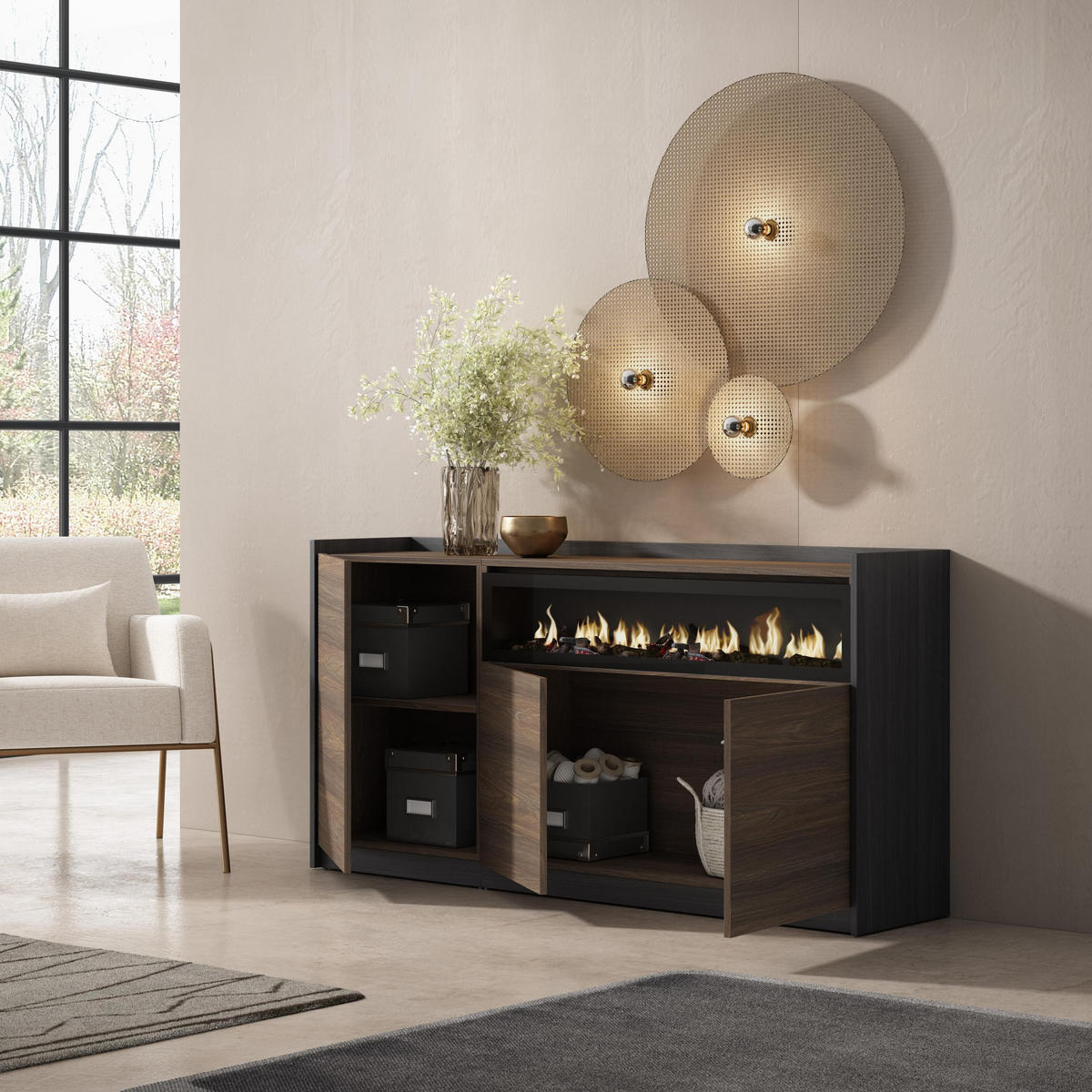 SIDEBOARD, Dunkler Eiche und Schwarz, Elektrokamin, 156/37/80cm - Dunkelbraun, Holzwerkstoff (156/80/37cm) - Skraut Home