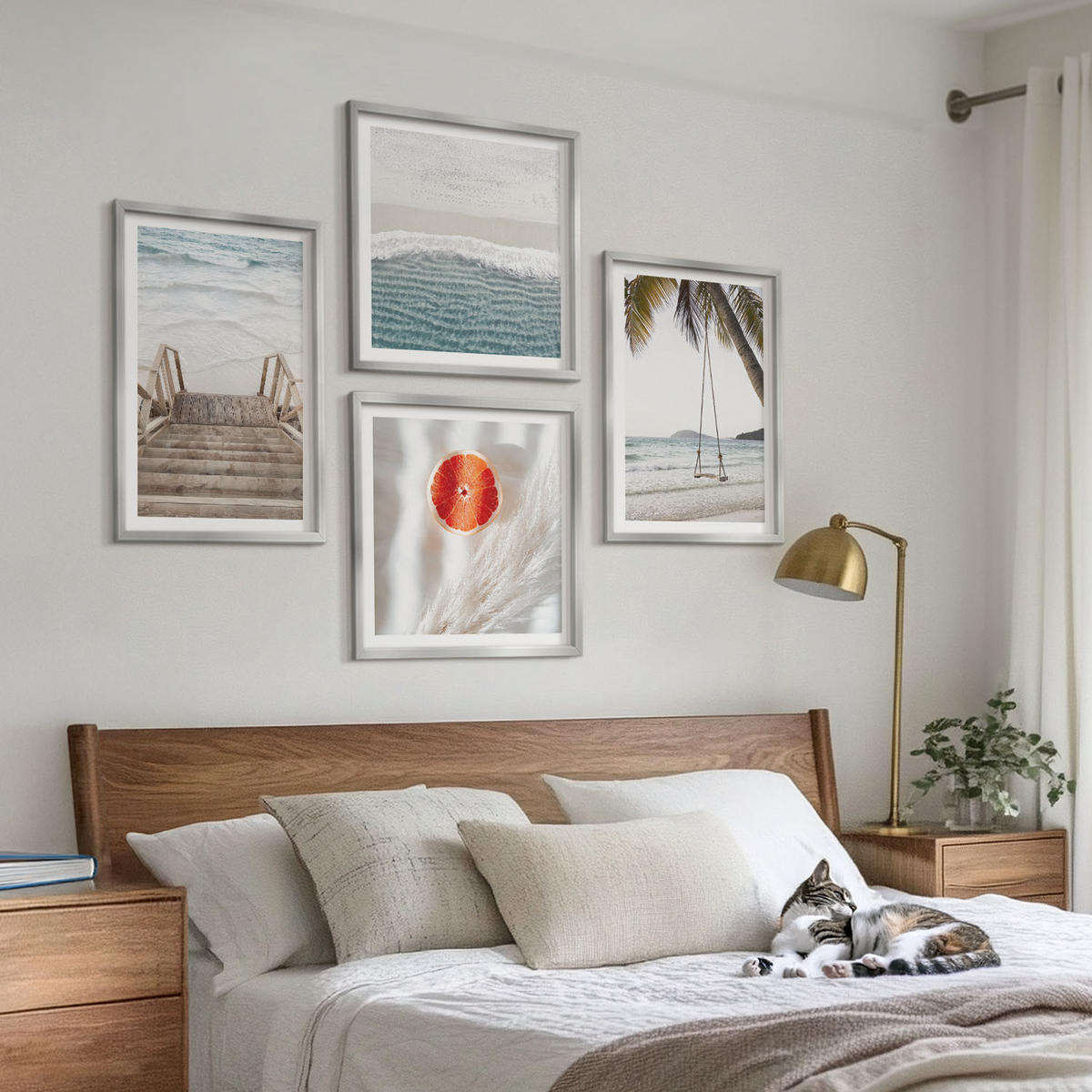 WANDBILDER 4er Set - 50x50 cm & 40x60 cm Silberner Rahmen - Strandatmosphäre dank hölzerner Treppen. - Silberfarben, Kunststoff (50/50cm) - ArtPrintCave