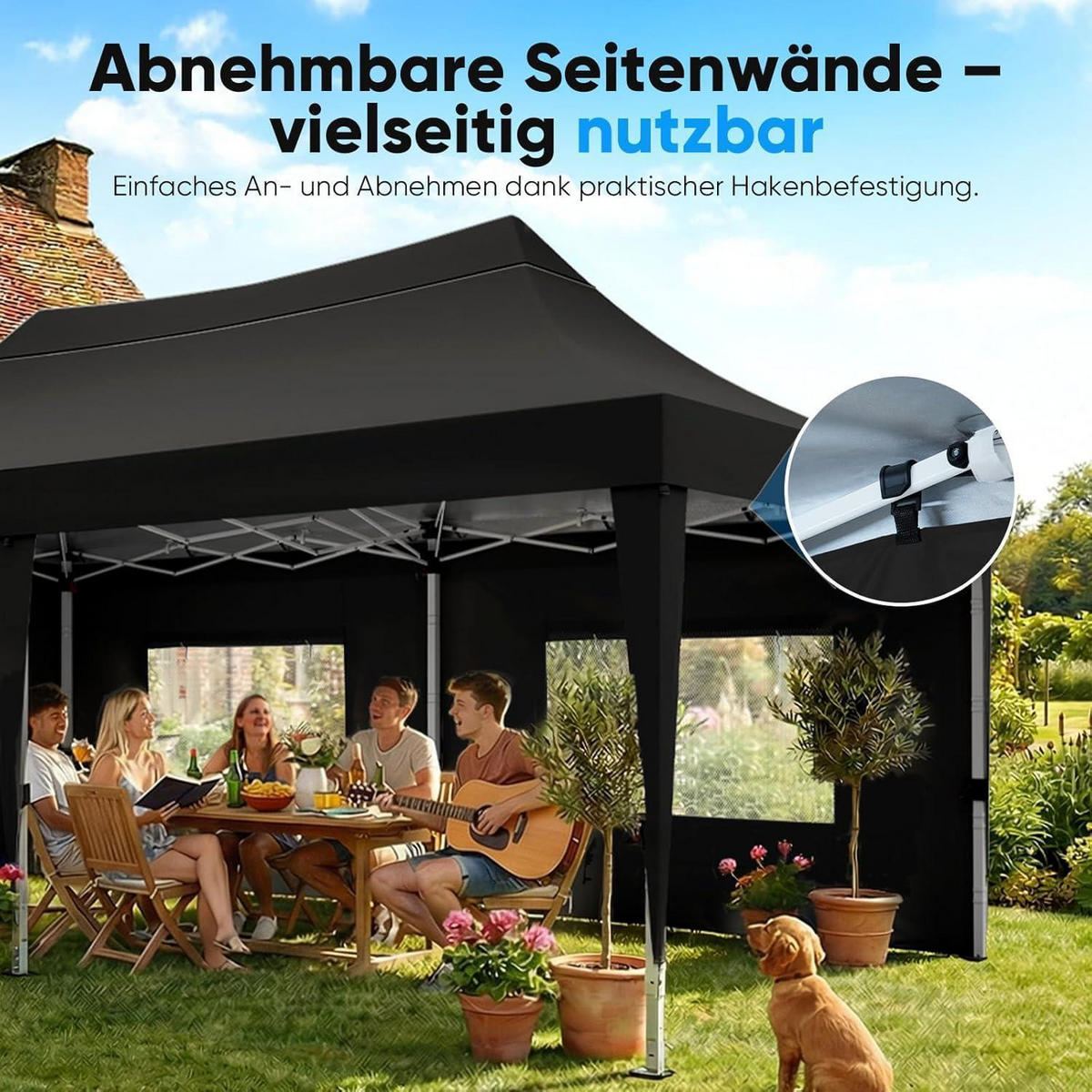 FALTPAVILLON 3x6m wasserdicht mit Seitenwänden UV-Schutz 50+ Stahlrahmen Schwarz - Schwarz, Textil (585/310/293cm)