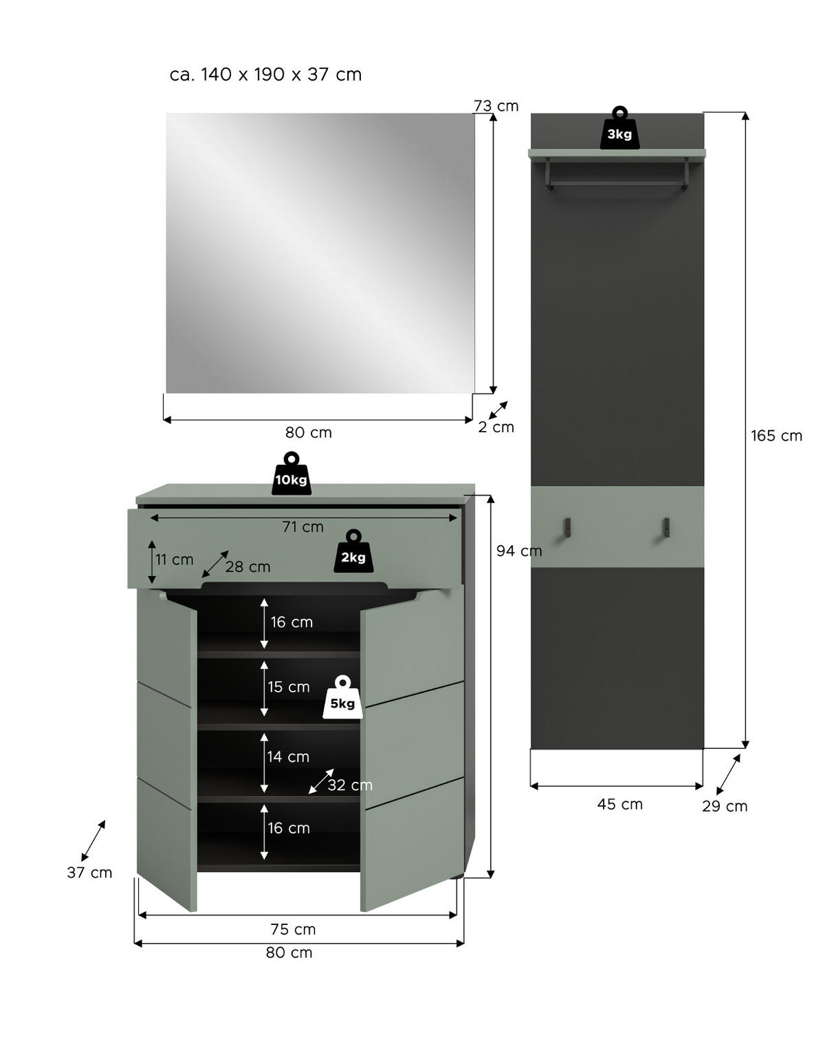GARDEROBE-SET Salbei und grau, Garderobe 3-teilig, 140 x 190 cm, Soft-Close, Cooper - Salbeigrün/Dunkelgrau, Holzwerkstoff/Kunststoff (140/190/37cm) - Inn.Furn