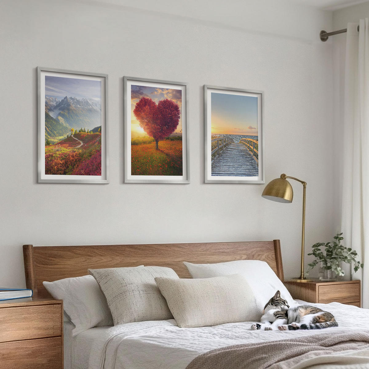 WANDBILDER 3er Set - 40x60 cm Silberner Rahmen - Landschaften Berge Baum Herz Pier - Silberfarben, Kunststoff (40/60cm) - ArtPrintCave
