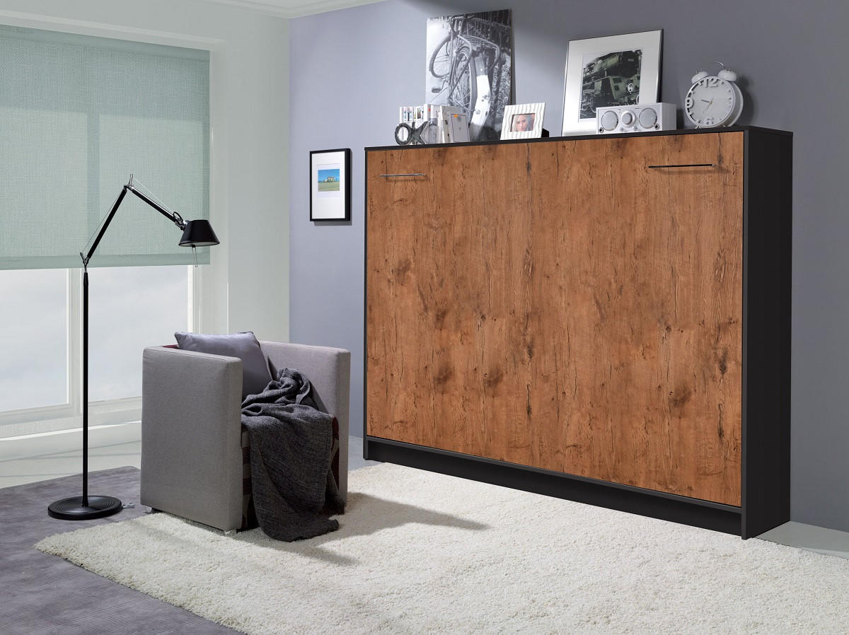 SCHRANKBETT Wandklappbett horizontal HB 140x200 - Eiche Lancelot & Schwarz - Schwarz/Braun, Holzwerkstoff (140/200cm) - QMM TraumMöbel