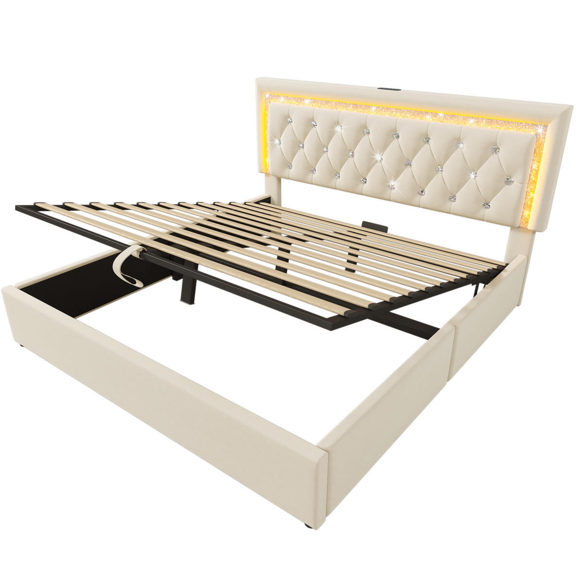BETT mit LED, Stauraum & USB 160x200 cm Samt Beige inkl. Matratze - Beige, Metall (160/200cm) - Meubliv