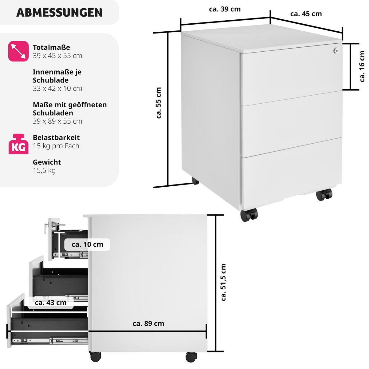 AKTENROLLSCHRANK Magna,39 x 45 x 55 cm,weiß - Weiß, Textil (39/55/45cm) - tectake