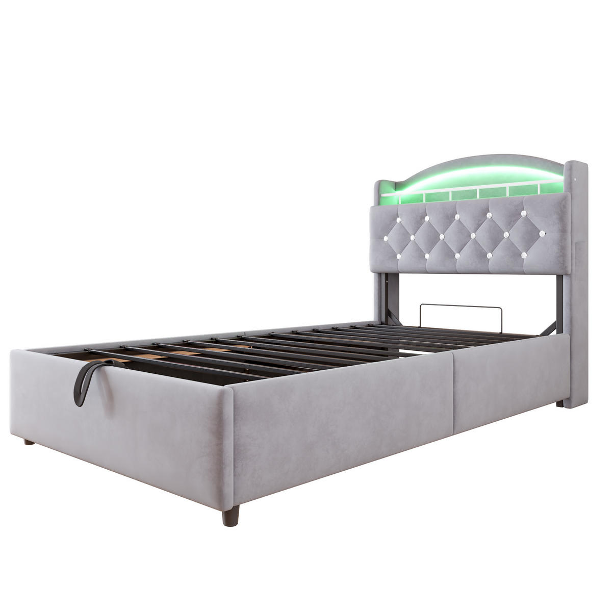 POLSTERBETT 90/200 cm grau mit Stauraum und LED-Beleuchtung - Grau, Textil (90/200cm) - OKWISH