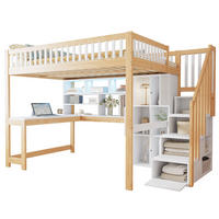 HOCHBETT aus Kiefer und MDF 140x200 cm Weiß/Natur mit LED-Beleuchtung, Ablageleiter, Regalen, Fächern und Schreibtisch - Weiß, Holzwerkstoff (140/200cm) - Modfu