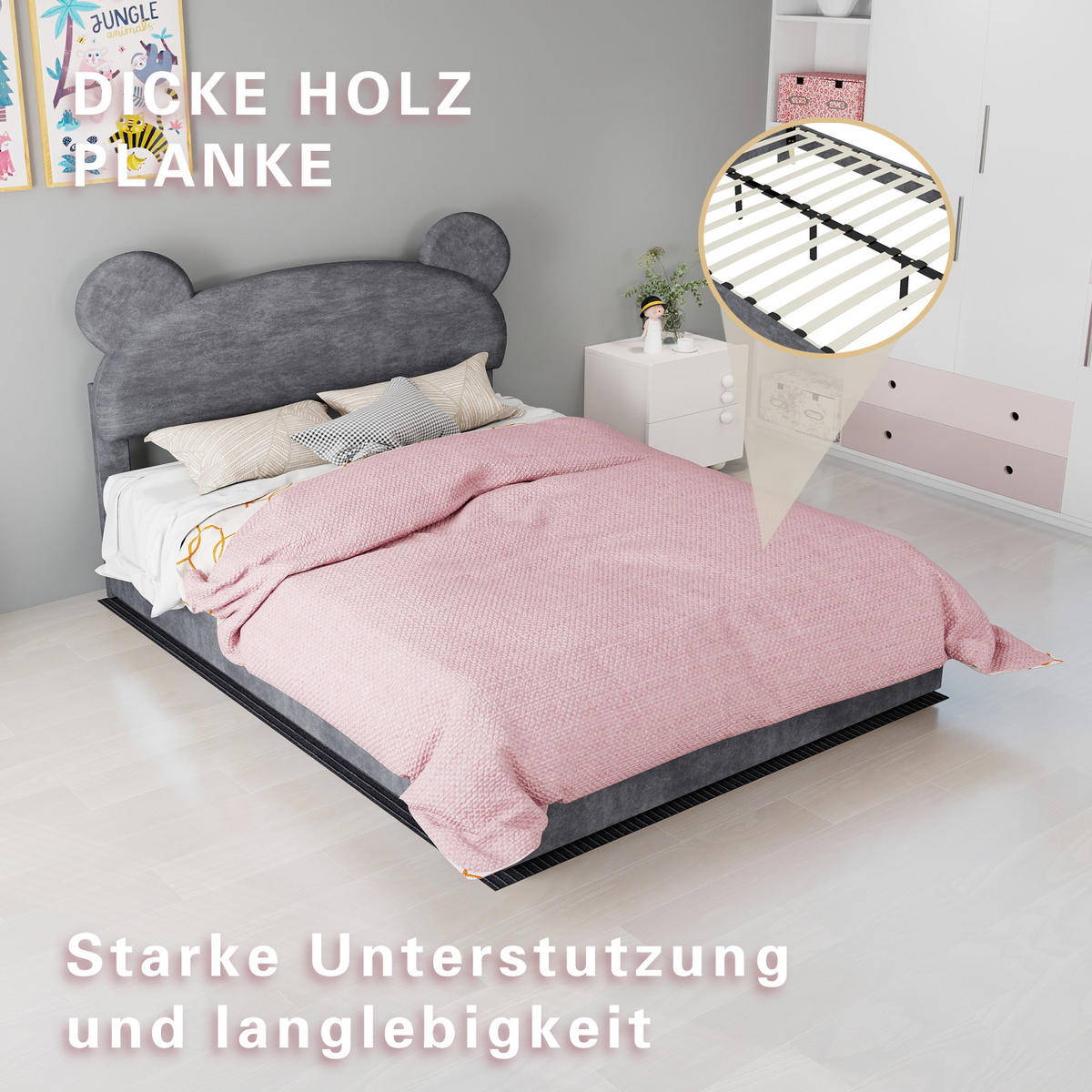 POLSTERBETT 140/200 cm in Grau Stoff mit Bettkasten und Cartoon-Kopfteil - Grau, Holzwerkstoff/Textil (140/200cm) - STILVORA