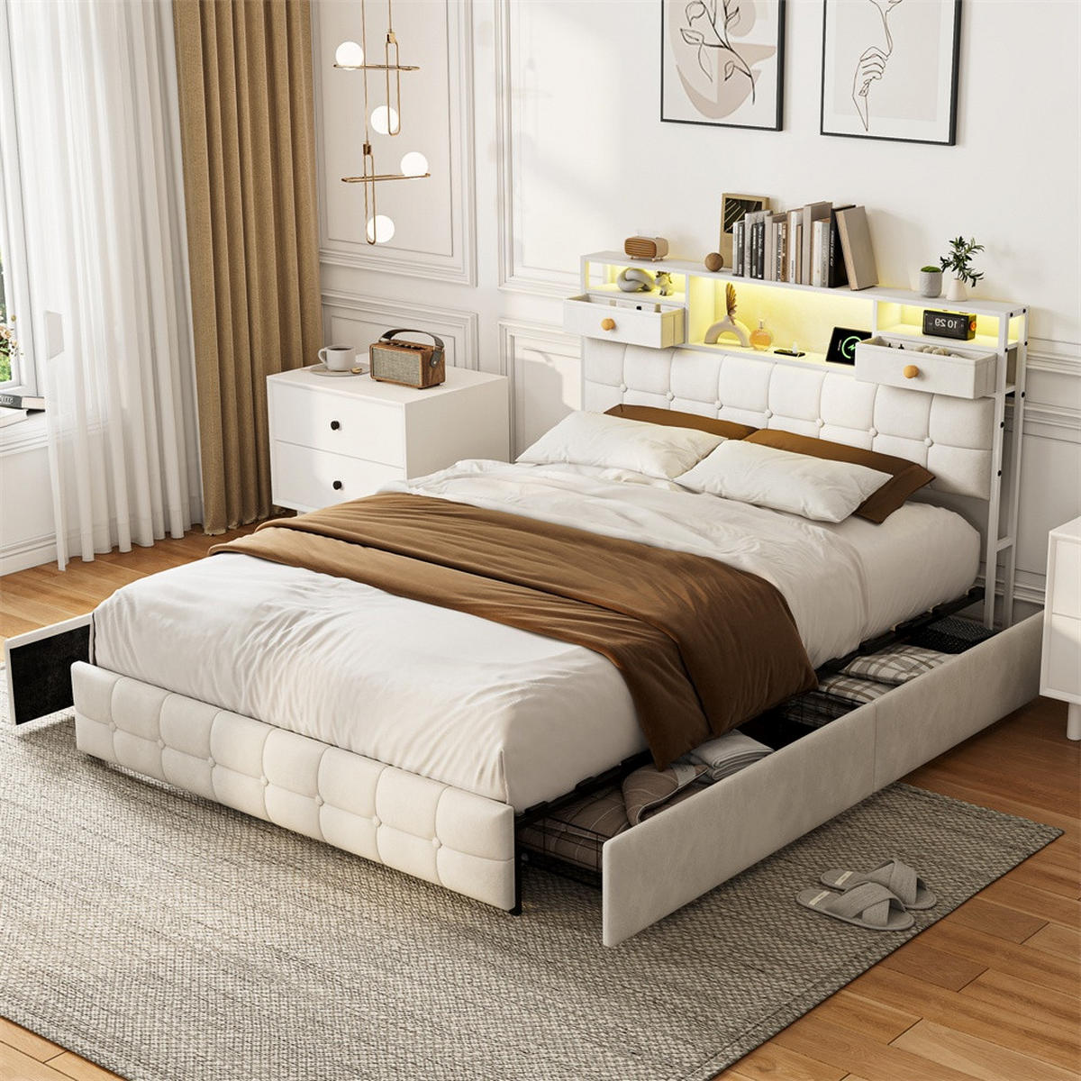 POLSTERBETT 160x200 cm mit LED-Beleuchtung - USB-Ladefunktion und 6 Schubladen - ohne Matratze - Beige - Beige, Textil (160/200cm) - DELFA