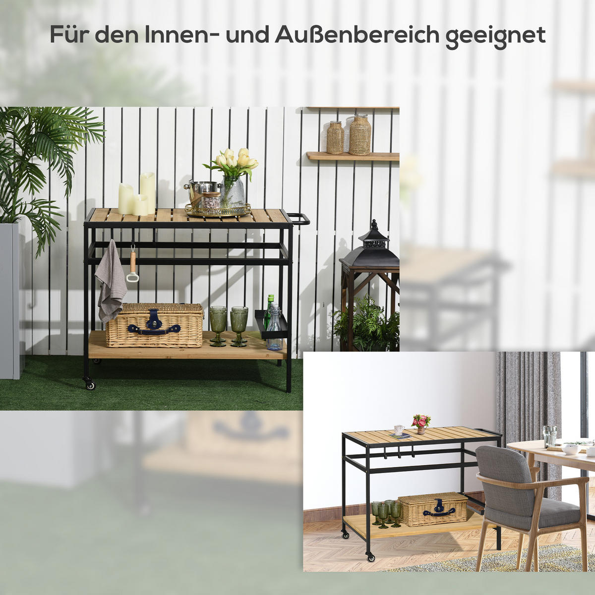 SERVIERWAGEN, Gartenrollwagen mit 2 Regalen, Haken, Rollen, Stahl, Tannenholz, Natur - Fichtefarben, Holz/Metall (65/80/107cm) - Outsunny