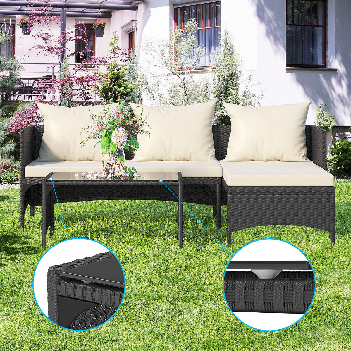 ECKSOFA Loungeset 3tlg Schwarz Gartensofa Modular - Schwarz, Textil - Rattrix