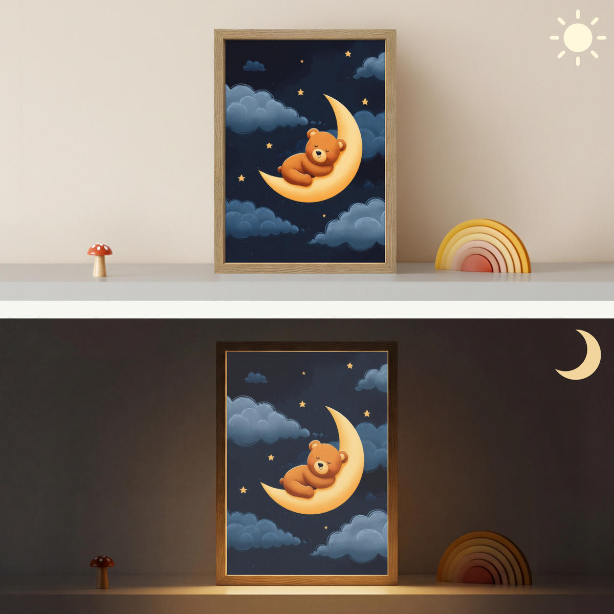 NÁSTĚNNÁ LAMPA S AKUMULÁTOREM Medvídek - Měsíc - Mraky - Hvězdy 30x40 cm - tmavě modrá, kompozitní dřevo (30/40/8cm) - OnlyWow