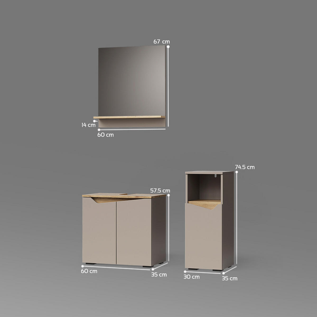 BADMÖBEL-KOMBINATION Timavo Greige 3 Teile, mit Midischrank - Greige/Eiche Artisan, Holzwerkstoff (60/57/35cm) - Livinity®