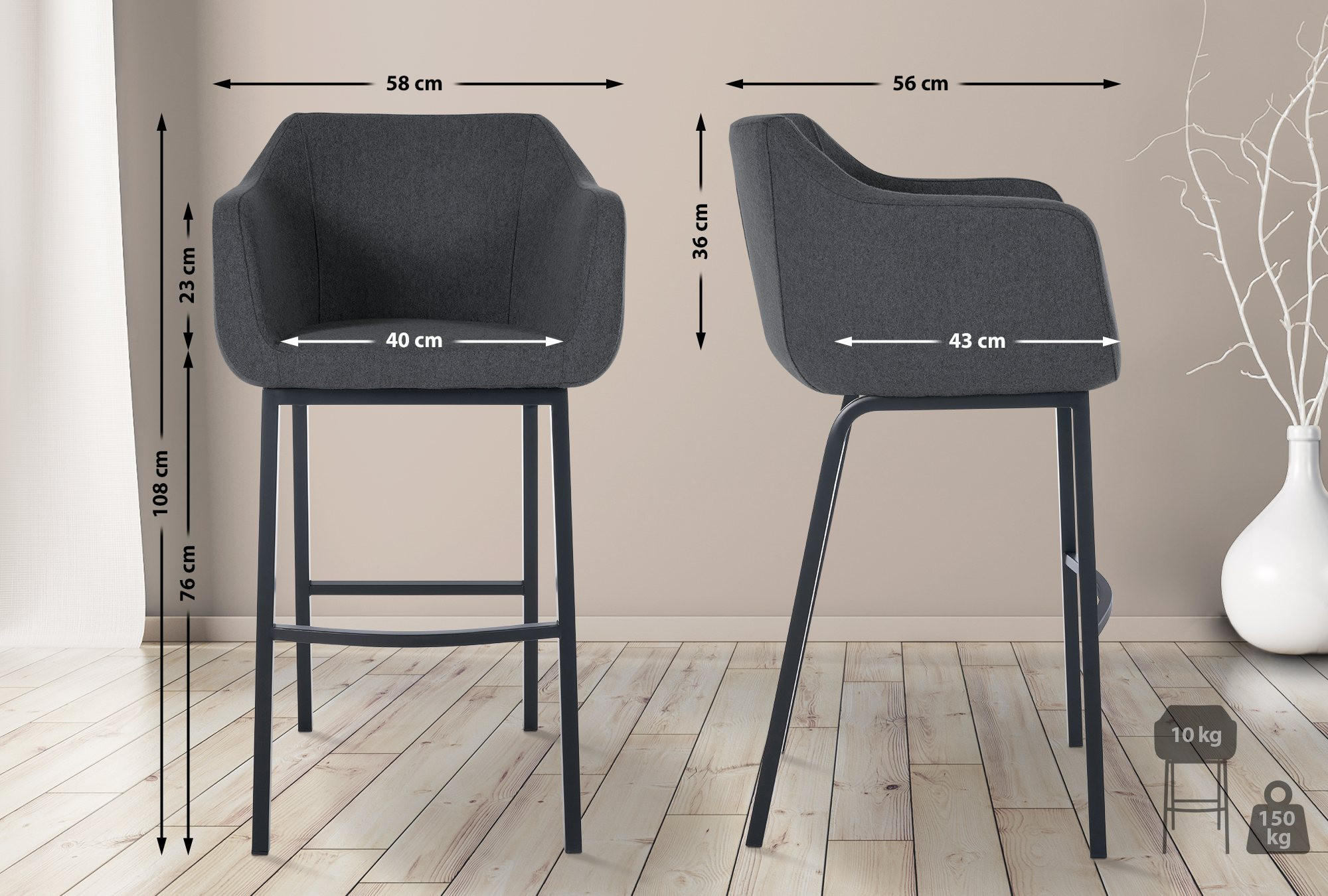 BARHOCKER Filz grau - Schwarz/Grau, Textil/Metall (58/108/56cm) - CLP