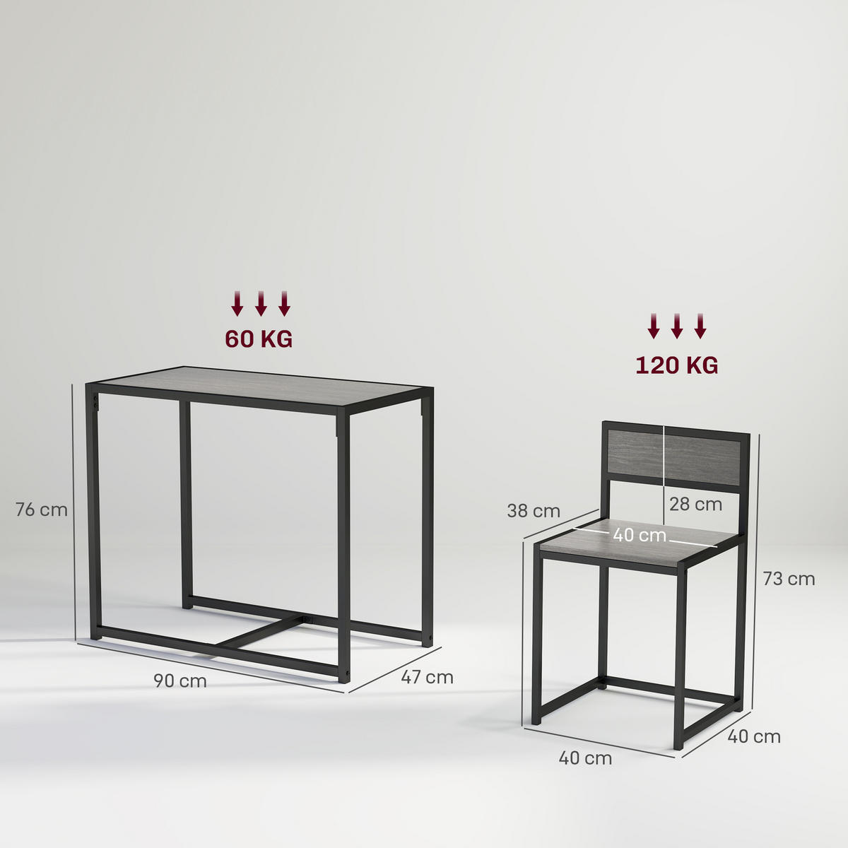 ESSGRUPPE 3-teilig aus Metall MDF Grau - Schwarz/Grau, Holzwerkstoff/Metall (47/76/90cm) - HOMCOM