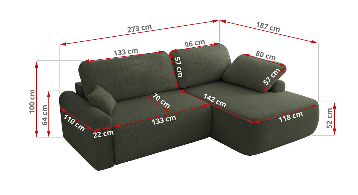 ECKSCHLAFSOFA CUBO L Dunkelgrün Boucle - links - Dunkelgrün/Schwarz, Kunststoff/Textil (273/187cm) - MKS