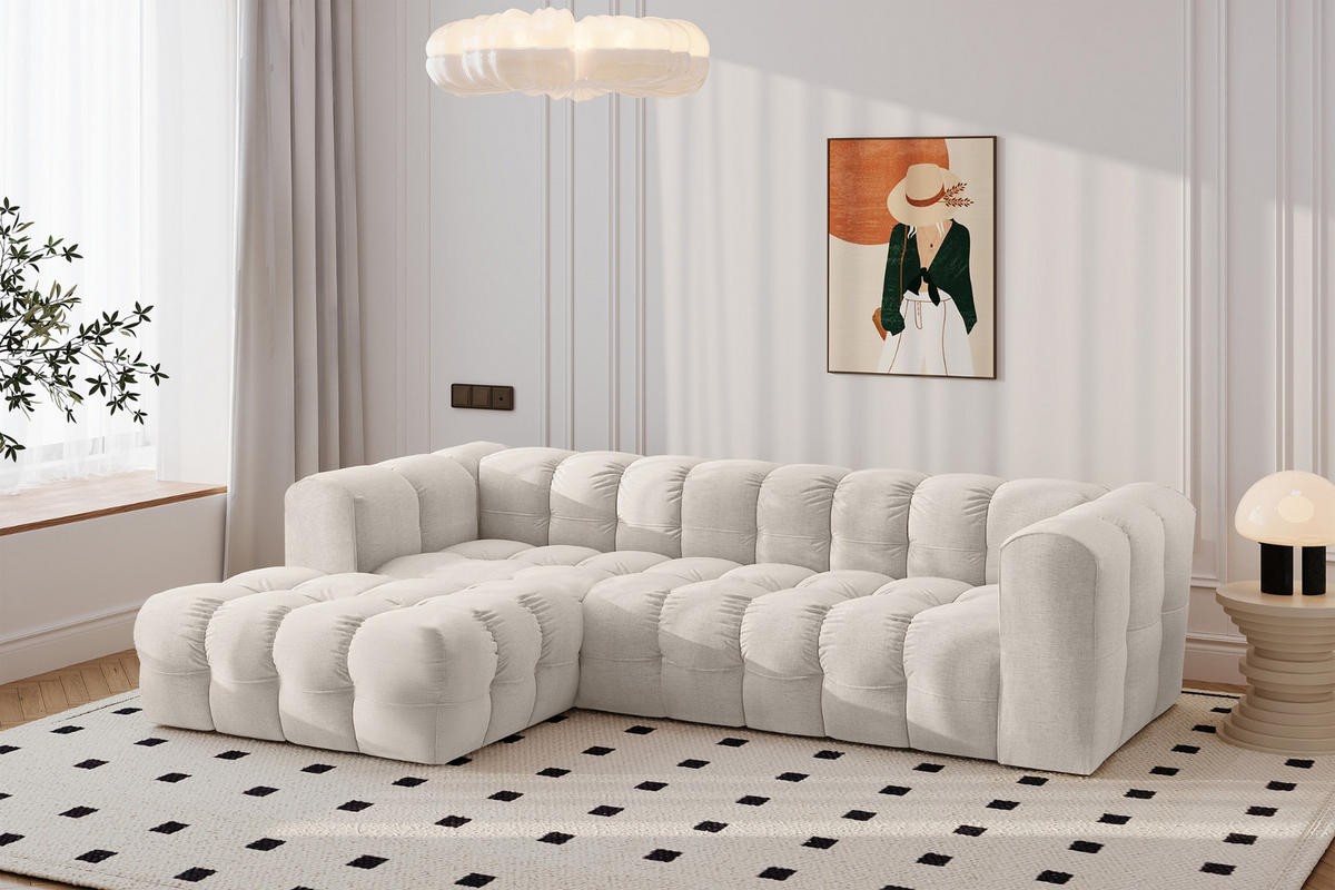 ECKSOFA L-form BALOO L, Chenille-Stoff Moly, Ecru, Links - Ecru, Holz (280/193cm) - Kaiser Möbel