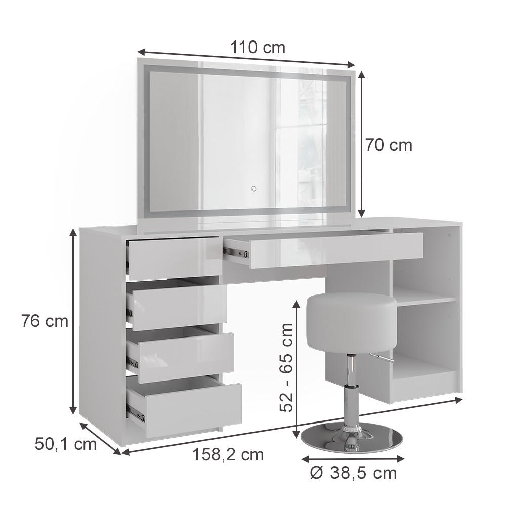 SCHMINKTISCH Sherry Weiß/Weiß Hochglanz 158.2 cm mit LED-Spiegel und Hocker - Weiß Hochglanz, Holzwerkstoff (158.2/76/50.1cm) - Vicco