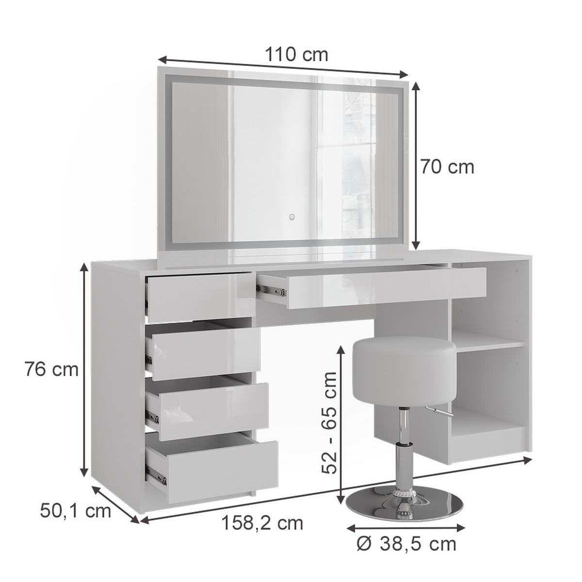 SCHMINKTISCH Sherry Weiß/Weiß Hochglanz 158.2 cm mit LED-Spiegel und Hocker - Weiß Hochglanz, Holzwerkstoff (158.2/76/50.1cm) - Vicco